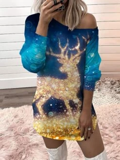 Women‘s Christmas Casual Dress Sweatshirt Dress Mini Dress Warm Fashion Outdoor Holiday Crew Neck Print Santa Claus Snowman Loose Fit Red Burgundy Royal Blue S M L XL XXL -Tesla Style xihrue1694166434327