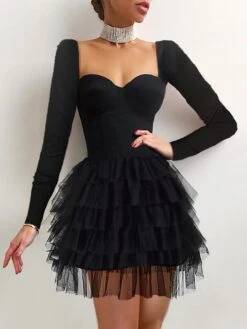 Women‘s Semi Formal Party Dress Wedding Guest Dress Homecoming Short Mini Dress Black Long Sleeve Pure Color Layered Fall Square Neck Elegant 2023 S M L XL