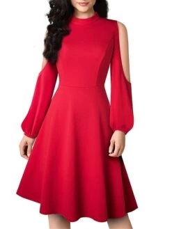 Women's Work Dress Semi Formal Dress A Line Dress Fashion Midi Dress Hollow Out Crew Neck Long Sleeve Plain Regular Fit Black Red Fall Winter S M L XL XXL -Tesla Style xishhv1692603039954