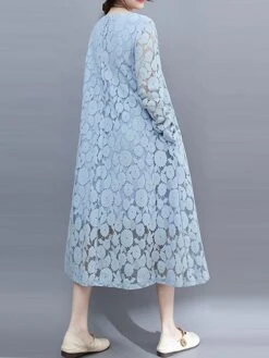 Women's Work Dress Lace Dress Black Dress Fashion Midi Dress Lace Pocket Crew Neck Long Sleeve Plain Loose Fit Black White Pink Fall M L XL XXL 3XL -Tesla Style xjtgbu1693281258805