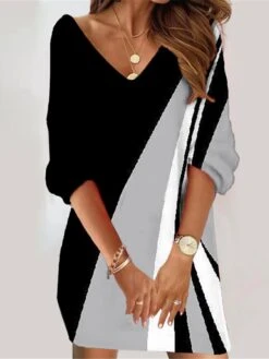 Women's Casual Dress Sweatshirt Dress Summer Dress Geometric Color Block Print V Neck Mini Dress Fashion Streetwear Outdoor Daily 3/4 Length Sleeve Loose Fit Black And White White Dark Gray Summer -Tesla Style xjyuzs1689330497052