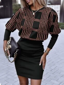 Women's Work Dress Sheath Dress Semi Formal Dress Fashion Mini Dress Print Crew Neck Long Sleeve Geometric Color Block Loose Fit Black Yellow Blue Fall Winter S M L XL XXL -Tesla Style xkhzya1692584408309