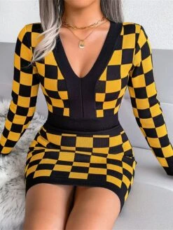 Women's Sweater Dress Jumper Dress Casual Dress Mini Dress Fashion Plaid Outdoor Daily Vacation Going Out V Neck Long Sleeve 2023 Loose Fit Black Yellow Wine One Size -Tesla Style xknyer1694756665921