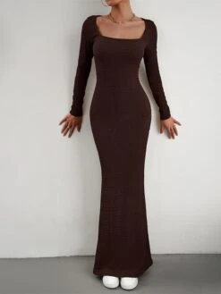 Women's Sweater Dress Jumper Dress Sheath Dress Long Dress Maxi Dress Fashion Pure Color Outdoor Daily Holiday Vacation U Neck Long Sleeve 2023 Slim Black Wine Brown S M L XL -Tesla Style xksuib1692090323140