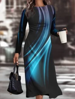 Women's Work Dress Casual Dress Semi Formal Dress Fashion Winter Dress Daily Midi Dress Print Crew Neck Long Sleeve Geometric Ombre Slim Royal Blue Blue Light Blue Fall Winter S M L XL XXL -Tesla Style xkuwce1694426131075