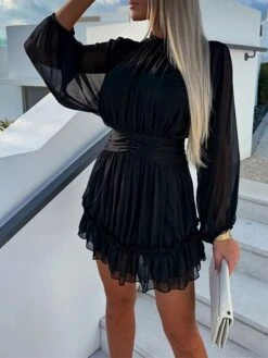 Women's Work Dress Sheath Dress Chiffon Dress Fashion Winter Dress Office Daily Mini Dress Ruched Crew Neck Long Sleeve Stripe Plain Regular Fit Black White Purple Fall Winter S M L XL -Tesla Style xljsqc1695096216118