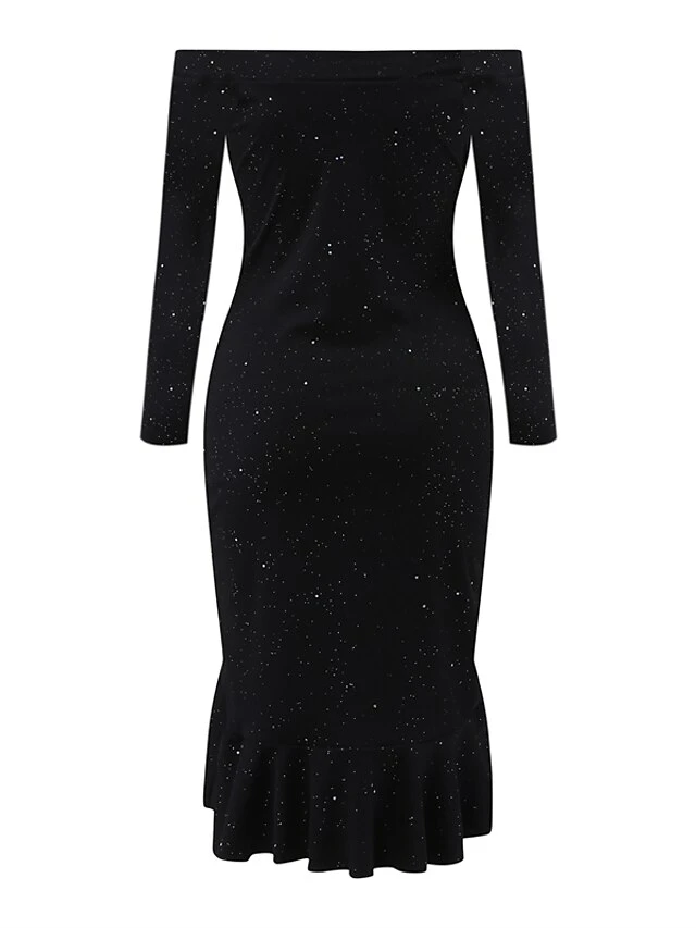 Women‘s Christmas Party Dress Cocktail DressKnee Length Dress Black Red Long Sleeve Pure Color Sequins Ruffle Fall Winter Off Shoulder Party Elegant Mature 2022 S M L XL XXL 7 Women‘s Christmas Party Dress Cocktail DressKnee Length Dress Black Red Long Sleeve Pure Color Sequins Ruffle Fall Winter Off Shoulder Party Elegant Mature 2022 S M L XL XXL - Image 5