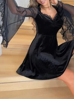 Women‘s Party Dress Velvet Dress Cocktail Dress Black Dress Mini Dress Long Sleeve Pure Color Ruched Fall Winter Autumn V Neck Fashion Winter Dress Birthday Wedding Guest 2023 S M L XL -Tesla Style xlmqmo1693213934725