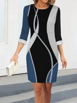 Women's Work Dress Casual Dress Sheath Dress Fashion Winter Dress Office Daily Midi Dress Print Crew Neck 3/4 Length Sleeve Geometric Color Block Regular Fit Red Blue Green Fall Winter S M L XL XXL -Tesla Style xlojyf1695350903190