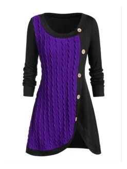 Women's Sweater Dress Winter Dress Jumper Dress Mini Dress Patchwork Button Street Daily Holiday Fashion Modern Crew Neck Long Sleeve 2023 Loose Fit Pink Wine Purple Color L XL XXL 3XL 4XL Size -Tesla Style xlunbs1692358246385