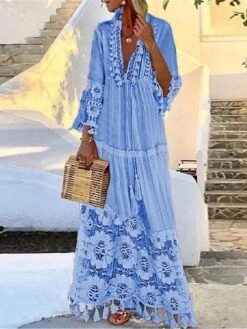 Women's Long Dress Maxi Dress Party Dress Casual Dress Sundress Pure Color Basic Bohemian Outdoor Daily Beach Lace Long Sleeve V Neck Dress Regular Fit Yellow Pink Blue Summer Spring S M L XL XXL 15 Women's Long Dress Maxi Dress Party Dress Casual Dress Sundress Pure Color Basic Bohemian Outdoor Daily Beach Lace Long Sleeve V Neck Dress Regular Fit Yellow Pink Blue Summer Spring S M L XL XXL -Tesla Style xmjrvy1673260374452