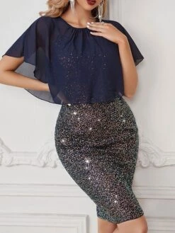 Women‘s Party Dress Sequin Dress Homecoming Dress Work Dress Mini Dress Dark Blue Short Sleeve Pure Color Sparkly Glitter Lace Up Spring Fall Winter Crew Neck Fashion Wedding Guest -Tesla Style xmlngp1692787571429
