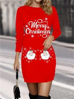 Women's Christmas Dress Casual Dress Mini Dress Warm Fashion Outdoor Christmas Vacation Crew Neck Print Santa Claus Regular Fit Wine S M L XL XXL