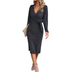 Women's Sweater Dress Winter Dress Jumper Dress Midi Dress Lace Up Daily Date Going Out Fashion Basic V Neck Long Sleeve 2023 Slim Green Dark Grey Beige Color S M L XL Size -Tesla Style xnlogv1697696840410