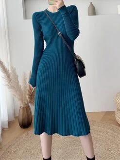 Women's Sweater Dress Jumper Dress Casual Dress Midi Dress Fashion Pure Color Outdoor Daily Going Out Crew Neck Long Sleeve 2023 Slim Black Blue Apricot One Size -Tesla Style xnymda1696670406008