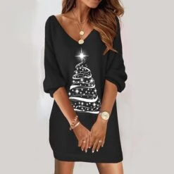 Women's Christmas T Shirt Dress Tee Dress Shift Dress Sweat Dress Mini Dress Black And White Light Yellow Black Gray 3/4 Length Sleeve Elk Print Winter Fall Spring V Neck 2022 S M L -Tesla Style xnzekv1667798507345