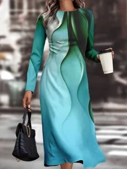 Women's Work Dress Casual Dress Semi Formal Dress Fashion Winter Dress Daily Midi Dress Print Crew Neck Long Sleeve Geometric Ombre Slim Royal Blue Blue Light Blue Fall Winter S M L XL XXL -Tesla Style xonlka1694426132163