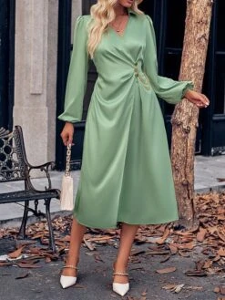 Women's Party Dress Cocktail Dress Satin Dress Midi Dress Champagne Brown Green Long Sleeve Pure Color Ruched Fall Winter Autumn Shirt Collar Fashion Wedding Guest Birthday Vacation 2023 S M L XL -Tesla Style xpchrv1696077343824
