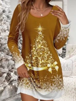 Women's Christmas Work Dress Casual Dress Winter Dress Daily Mini Dress Print Crew Neck Long Sleeve Tree Loose Fit Wine Navy Blue Brown Fall Winter -Tesla Style xperbt1695103252293