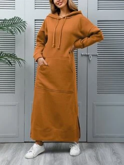 Women's Casual Dress Hoodie Dress Long Dress Maxi Dress Daily Basic Outdoor Vacation Going Out V Neck Pocket Solid Color Regular Fit Black Burgundy Blue S M L XL XXL -Tesla Style xpgoch1692165484560