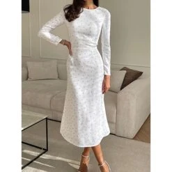 Women's Party Dress Cocktail Dress Wedding Guest Dress Midi Dress White Long Sleeve Floral Ruched Fall Winter Autumn Crew Neck Fashion Winter Dress Wedding Guest Birthday 2023 S M L