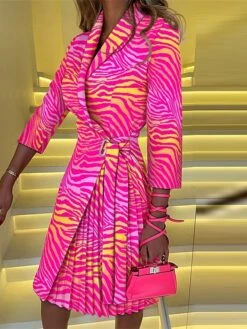 Women's Work Dress Blazer Dress A Line Dress Midi Dress Black Fuchsia Orange 3/4 Length Sleeve Color Block Ruched Fall Winter Autumn Shirt Collar Elegant 2023 S M L XL XXL -Tesla Style xqcvyd1663646504165