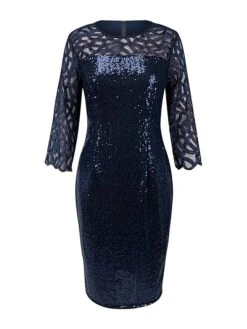 Women‘s Party Dress Sequin Dress Cocktail Dress Midi Dress Black Wine Dark Green 3/4 Length Sleeve Pure Color Sparkly Glitter Sequins Spring Fall Winter Crew Neck Fashion Wedding Guest Birthday -Tesla Style xqghhq1691659604310