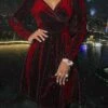 Women's Wedding Guest Dress Velvet Dress Red Holiday Dress Claret Royal Blue Brown Black Long Sleeve Pure Color Patchwork Winter Fall V Neck Party Sexy Party Fall Dress 2023 S M L XL Winter Dress -Tesla Style xqjkld1665658909351