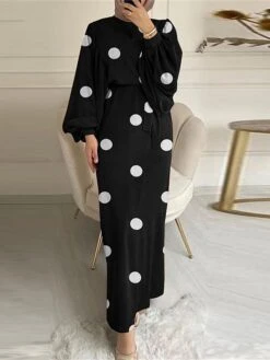 Women's Work Dress Sheath Dress Semi Formal Dress Fashion Long Dress Maxi Dress Lace Up Print Crew Neck Long Sleeve Polka Dot Loose Fit Black Yellow Red Fall Winter S M L XL XXL -Tesla Style xqpenq1693533750925