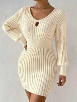 Women's Sweater Dress Jumper Dress Casual Dress Mini Dress Warm Pure Color Outdoor Casual Daily Holiday V Neck Long Sleeve Cut Out 2023 Regular Fit Beige XL XXL 3XL -Tesla Style xrhgpz1695643725798