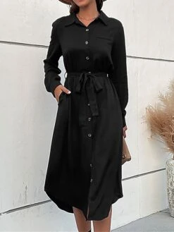 Women's Work Dress Casual Dress Black Dress Fashion Office Daily Workfashion Midi Dress Lace Up Button Shirt Collar Long Sleeve Plain Loose Fit Black Fall Winter S M L XL -Tesla Style xrijde1695105092920