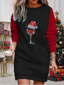 Women's Christmas Casual Dress Sweatshirt Dress Mini Dress Warm Fashion OutdoorVacation Crew Neck Printhat Loose Fit Black Wine Red S M L XL XXL -Tesla Style xrnazt1695365298741