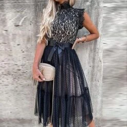 Women's Party Dress Lace Dress Homecoming Dress Midi Dress Black White Pink Sleeveless Pure Color Patchwork Summer Spring Fall Stand Collar Fashion Party Birthday Wedding Guest 2023 S M L XL XXL -Tesla Style xrtaqh1650422452088