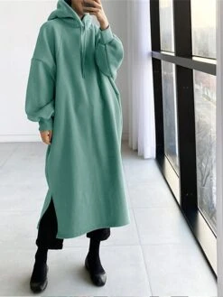 Women's Casual Dress Hoodie Dress Long Dress Maxi Dress Active Daily Outdoor Holiday Vacation Hoodie Solid Color Loose Fit ArmyGreen Black Green S M L XL XXL -Tesla Style xrubsa1695027790690