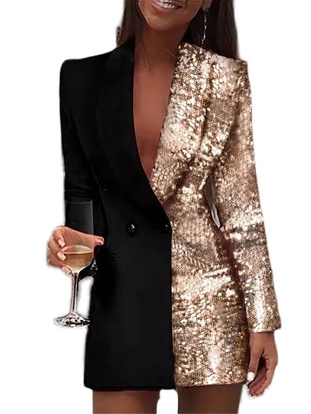 Women's Party Dress Sequin Dress Work Dress Blazer Dress And Jacket Set Mini Dress Champagne Pink Red Long Sleeve Pure Color Sequins Spring 4 Women's Party Dress Sequin Dress Work Dress Blazer Dress And Jacket Set Mini Dress Champagne Pink Red Long Sleeve Pure Color Sequins Spring - Image 2