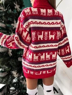 Women‘s Christmas Sweater Dress Jumper Dress Winter Dress Warm Animal Geometric Print Outdoor Christmas Casual Daily Turtleneck Long Sleeve 2023 Loose Fit Red Gray S M L XL -Tesla Style xsibtx1694165714147