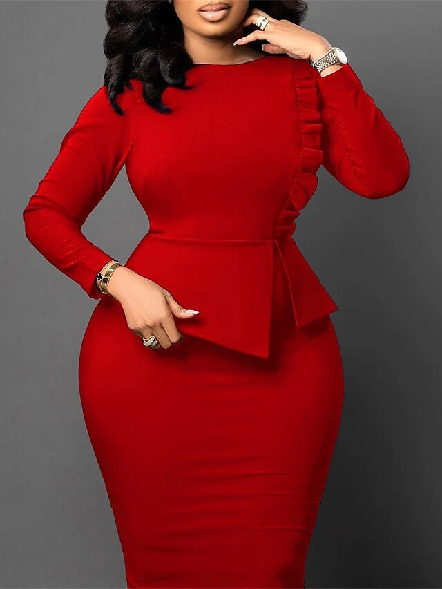 Women's Work Dress Sheath Dress Black Dress Fashion Midi Dress Ruched Split Crew Neck Long Sleeve Plain Regular Fit Black White Red Fall Winter S M L XL XXL 11 Women's Work Dress Sheath Dress Black Dress Fashion Midi Dress Ruched Split Crew Neck Long Sleeve Plain Regular Fit Black White Red Fall Winter S M L XL XXL - Image 9