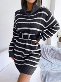 Women's Sweater Dress Jumper Dress Casual Dress Mini Dress Fashion Stripe Outdoor Daily Going Out Turtleneck Long Sleeve 2023 Loose Fit Black Khaki S M L -Tesla Style xszpbt1694756412507