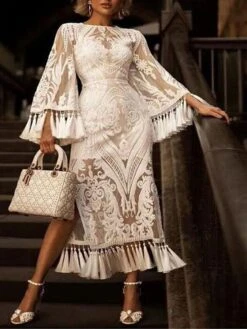 Women‘s Party Dress Wedding Guest Dress Dress Set Two Piece Dress Midi Dress White Long Sleeve Flower Lace Winter Fall Spring Crew Neck Fashion Party Evening Party 2023 S M L XL XXL -Tesla Style xtdiso1671788653530