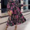 Women's Work Dress A Line Dress Fashion Office Daily Workfashion Midi Dress Patchwork Asymmetrical Shirt Collar Long Sleeve Floral Regular Fit Fuchsia Spring Fall S M L XL XXL -Tesla Style xtegoj1694490799409