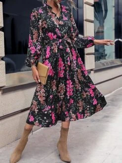 Women's Work Dress A Line Dress Fashion Office Daily Workfashion Midi Dress Patchwork Asymmetrical Shirt Collar Long Sleeve Floral Regular Fit Fuchsia Spring Fall S M L XL XXL