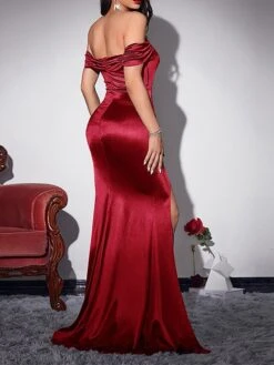 Women's Prom Dress Party Dress Satin Dress Long Dress Maxi Dress Wine Blue Short Sleeve Pure Color Ruched Spring Fall Winter Off Shoulder Fashion Birthday Evening Party Wedding Guest 2023 S M L -Tesla Style xtjzzk1692612478134
