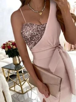 Women‘s Party Dress Jacket Dress Knee Length Dress Green Blue Pink Sleeveless Color Block Sequins Ruched Lace Up Spring Summer One Shoulder Party Stylish Elegant Party 2023 S M L XL 2XL 3XL -Tesla Style xtkgbj1657179139549