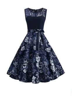 Women's Elegant Retro Vintage Tea Dresses Swing Dress Midi Dress Party Birthday Lace Bow Floral Crew Neck Sleeveless Regular Fit Spring Summer 2023 Dark Blue S M L XL -Tesla Style xtknww1676600510379