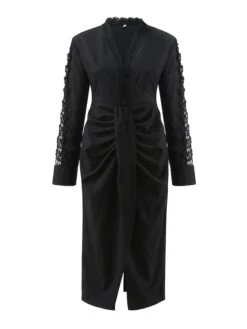 Women's Party Dress Lace Dress Work Dress Midi Dress Black White Long Sleeve Pure Color Lace Fall Winter V Neck Fashion Winter Dress Office Fall Dress 2023 S M L XL -Tesla Style xtlfcq1693289895886