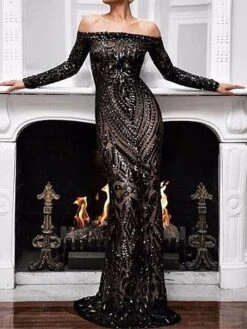 Women‘s Prom Dress Party Dress Sequin Dress Long Dress Maxi Dress Black White Wine Long Sleeve Pure Color Sparkly Glitter Sequins Spring Fall Winter Off Shoulder Fashion Winter Dress Wedding