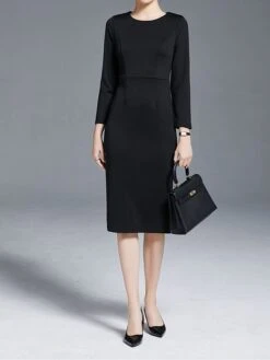 Women's Work Dress Sheath Dress Semi Formal Dress Fashion Winter Dress Office Workfashion Midi Dress Zipper Crew Neck 3/4 Length Sleeve Plain Regular Fit Black Red Fall Winter S M L XL XXL -Tesla Style xtpgjg1695030997410