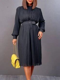 Women's Work Dress Casual Dress Black Dress Fashion Office Daily Workfashion Midi Dress Lace Up Pleated Crew Neck Long Sleeve Plain Regular Fit Black White Red Fall Winter S M L XL XXL -Tesla Style xtwudv1695645184014