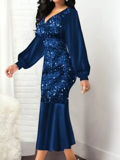 Women‘s Cocktail Party Dress Wedding Guest Dress Sequin Dress Midi Dress Black Wine Blue Long Sleeve Pure Color Sequins Fall V Neck Elegant Winter Dress Fall Dress 2023 S M L XL XXL 3XL 4XL 5XL -Tesla Style xtyelr1630401662570