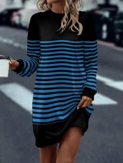 Women's Casual Dress Sweatshirt Dress Shift Dress Stripe Print Crew Neck Mini Dress Fashion Streetwear Outdoor Daily Long Sleeve Loose Fit Black Red Blue Fall Winter S M L XL XXL -Tesla Style xtzefq1694423060961